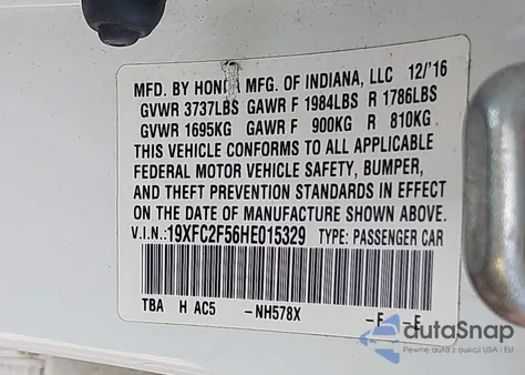 2017 Honda Civic Lx из США, поврежденный, VIN 19XFC2F56HE015329